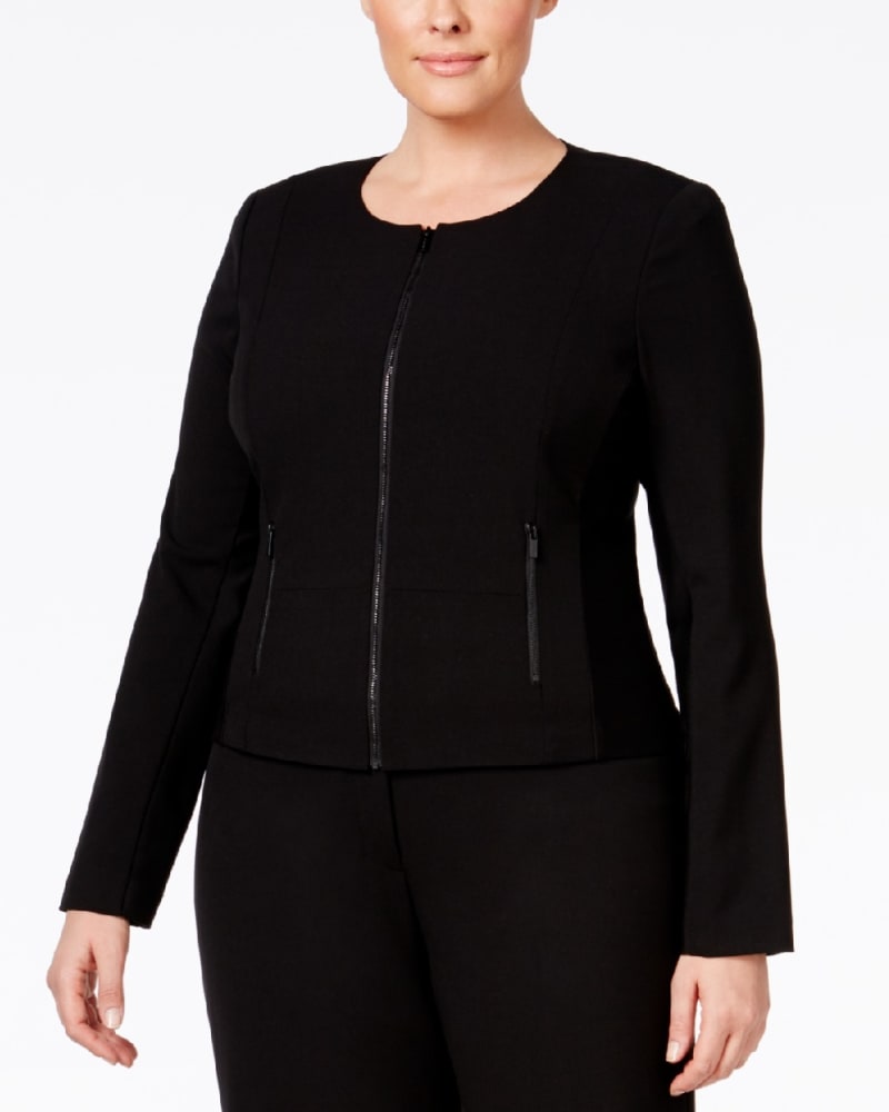 Front of a model wearing a size 16W Calvin Klein Women's Plus Fit Solutions Zip Front Jacket Black Size 16W in Black by Calvin Klein. | dia_product_style_image_id:314567